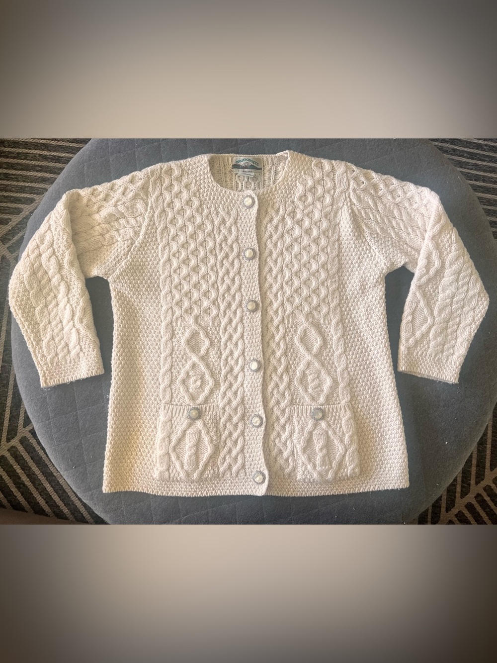 ARAN CRAFTS Large Cream Irish Merino Wool Fisherman Cable Knit Button up Sweater